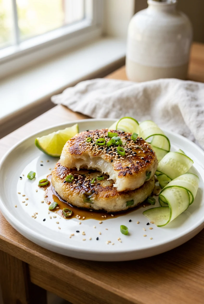 Final dish: Vegan scallion–sesame rice cakes stacked on a white ceramic plate, lacquered with scallion–ginger drizzle, s