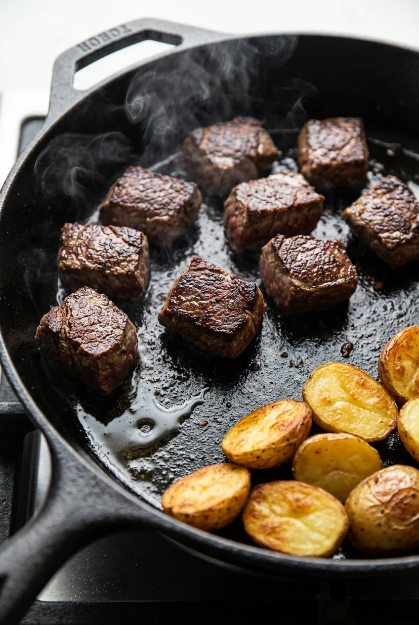 2. Cast-iron skillet cooking process: beef bites searing in batches in a single layer, deep browning and sizzling; crisp