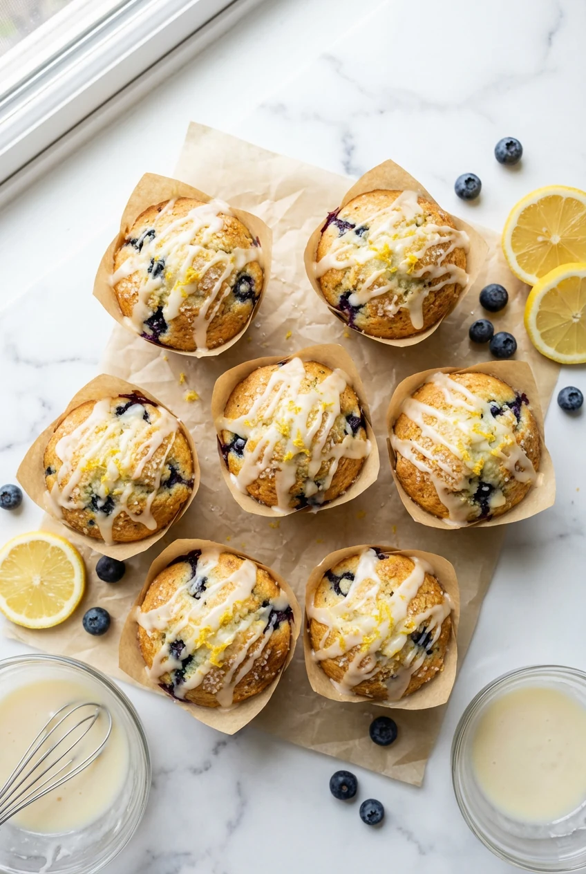 Overhead shot of blueberry-lemon muffins with tall domes, lemon glaze drizzle and zest, coarse sugar sparkle; neat paper