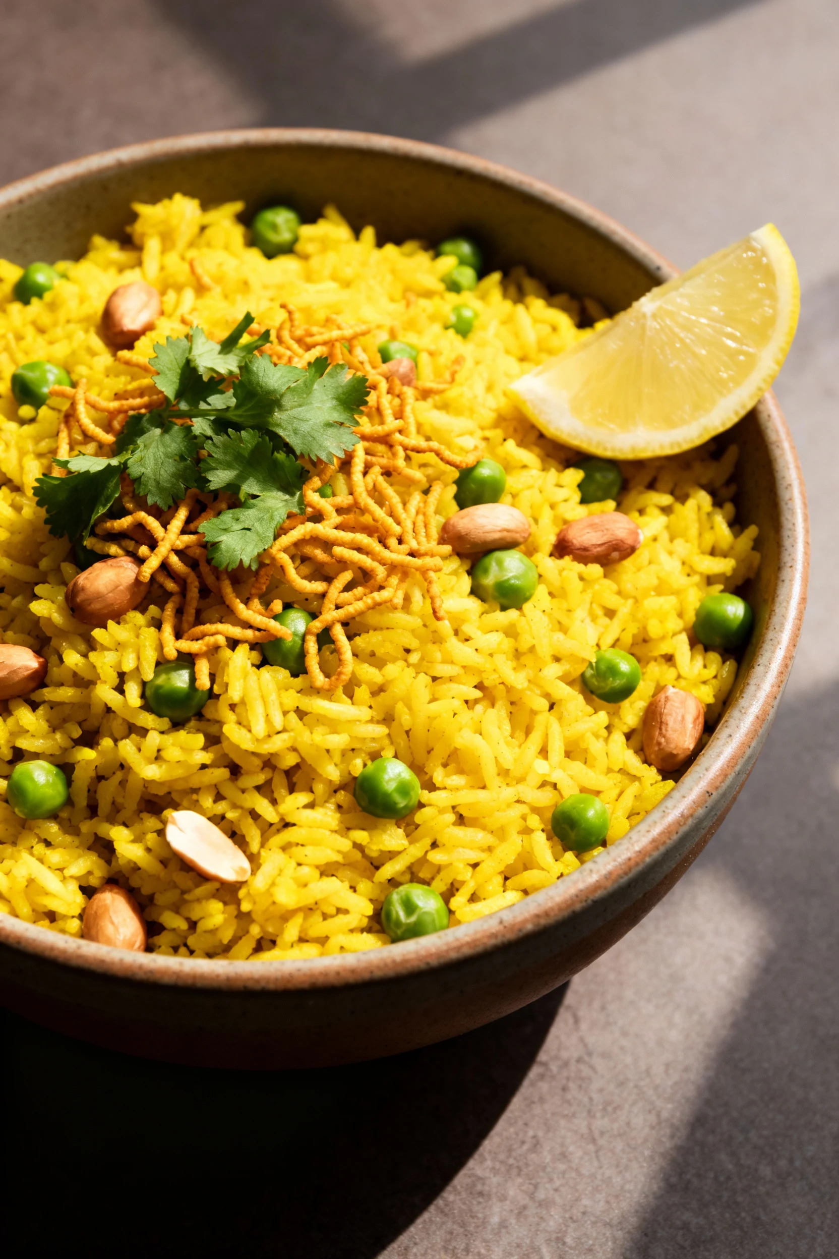 Overhead shot of peas & peanut poha—fluffy, non-soggy flattened rice turned bright yellow with turmeric, dotted with gre