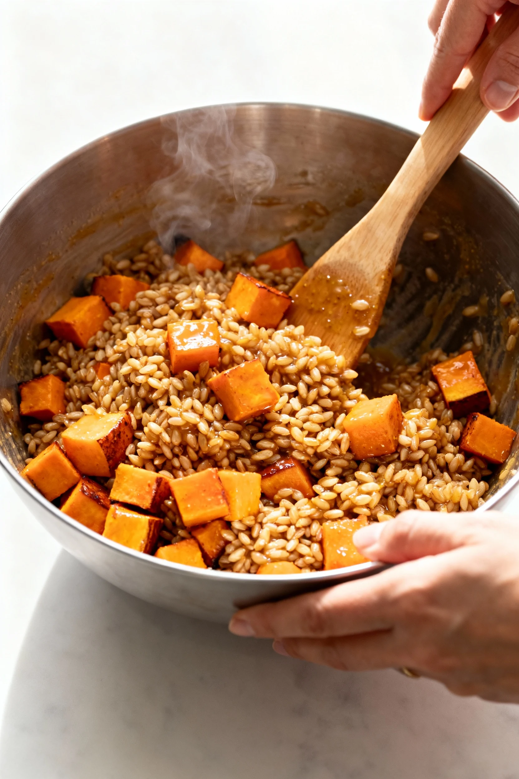 Cooking process: warm farro and roasted squash being gently folded with half the maple–Dijon vinaigrette in a stainless-