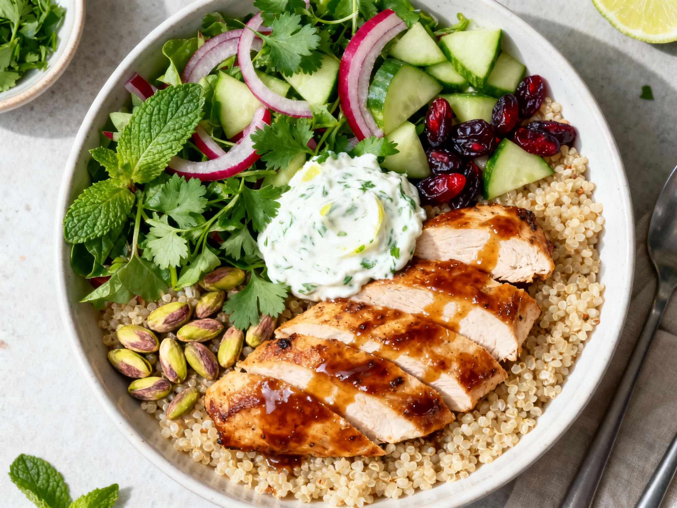 Food photography, Overhead shot of assembled grain bowl: fluffy quinoa base topped with sliced glazed chicken, crisp her