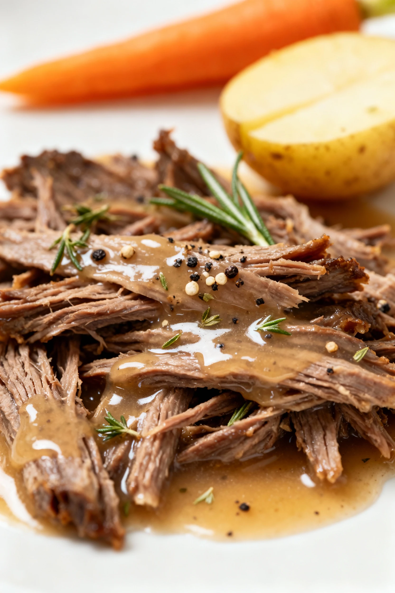 Macro close-up of shredded chuck roast glistening with silky gravy; gelatin sheen, cracked pepper, rosemary and thyme fl