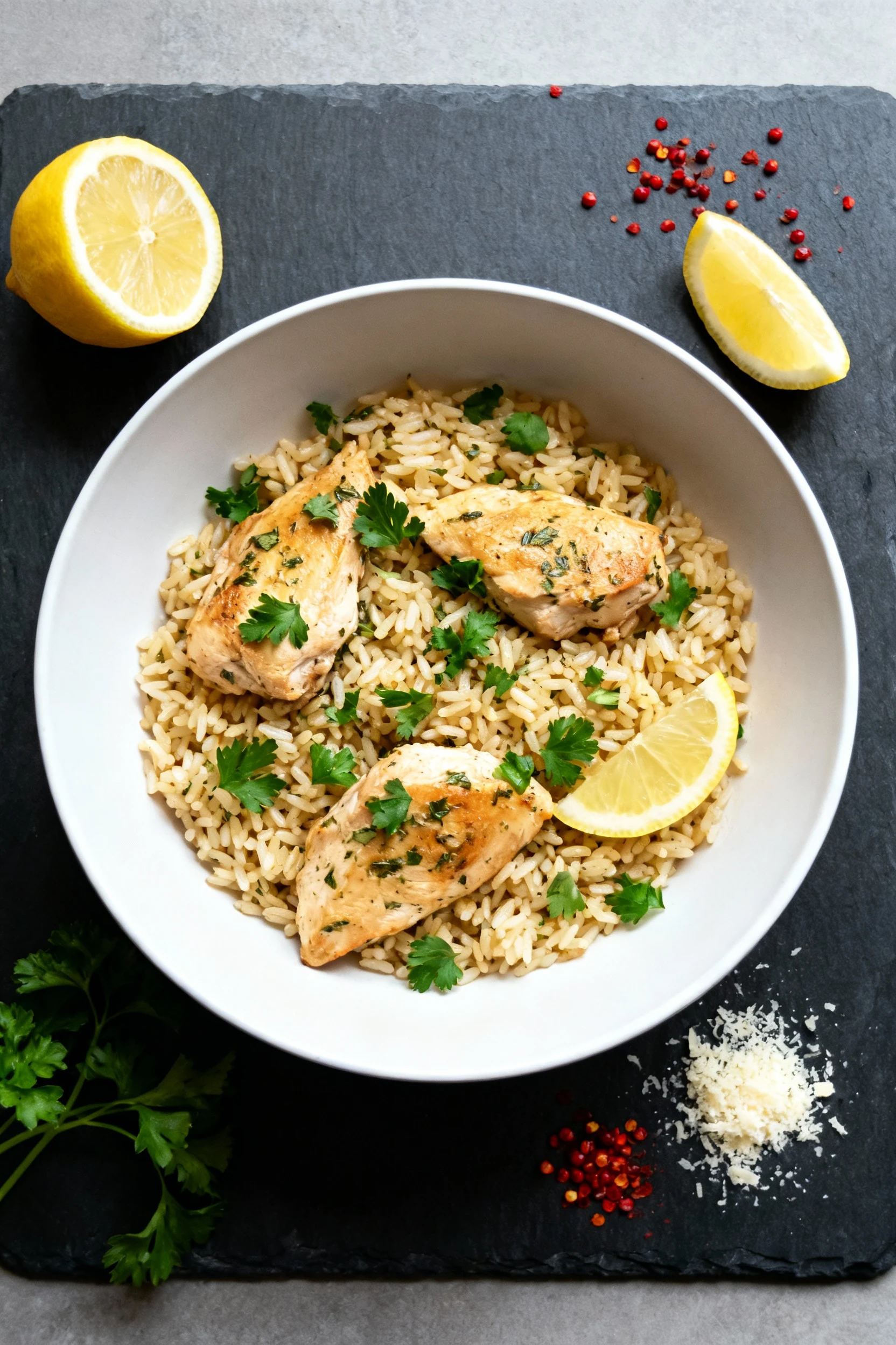 Overhead shot of Lemon-Herb Chicken & Rice plated in a wide white bowl; distinct grains, parsley scatter, lemon wedges, 