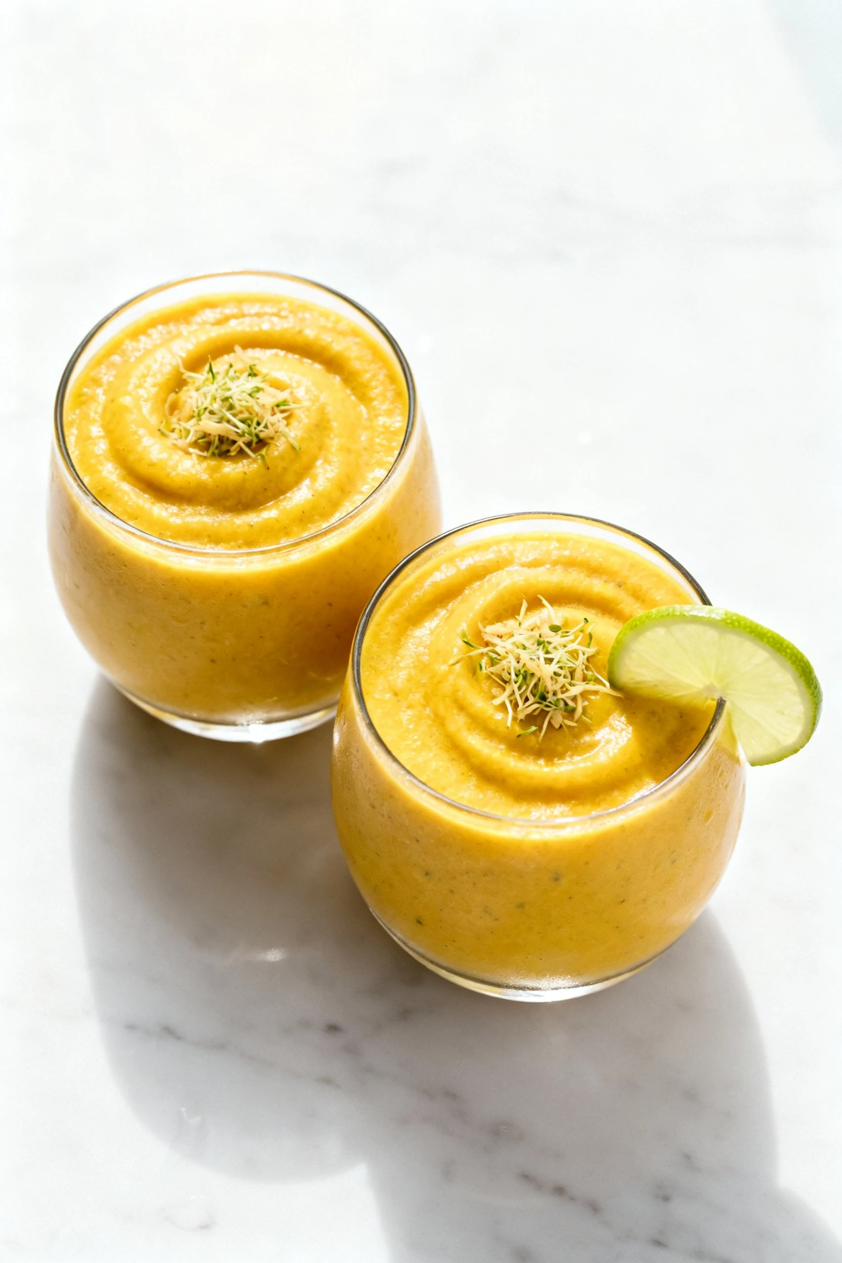 Overhead shot of Glow-Up Mango smoothie: vibrant mango–spinach blend in two short glasses, thick frosty swirl, topped wi