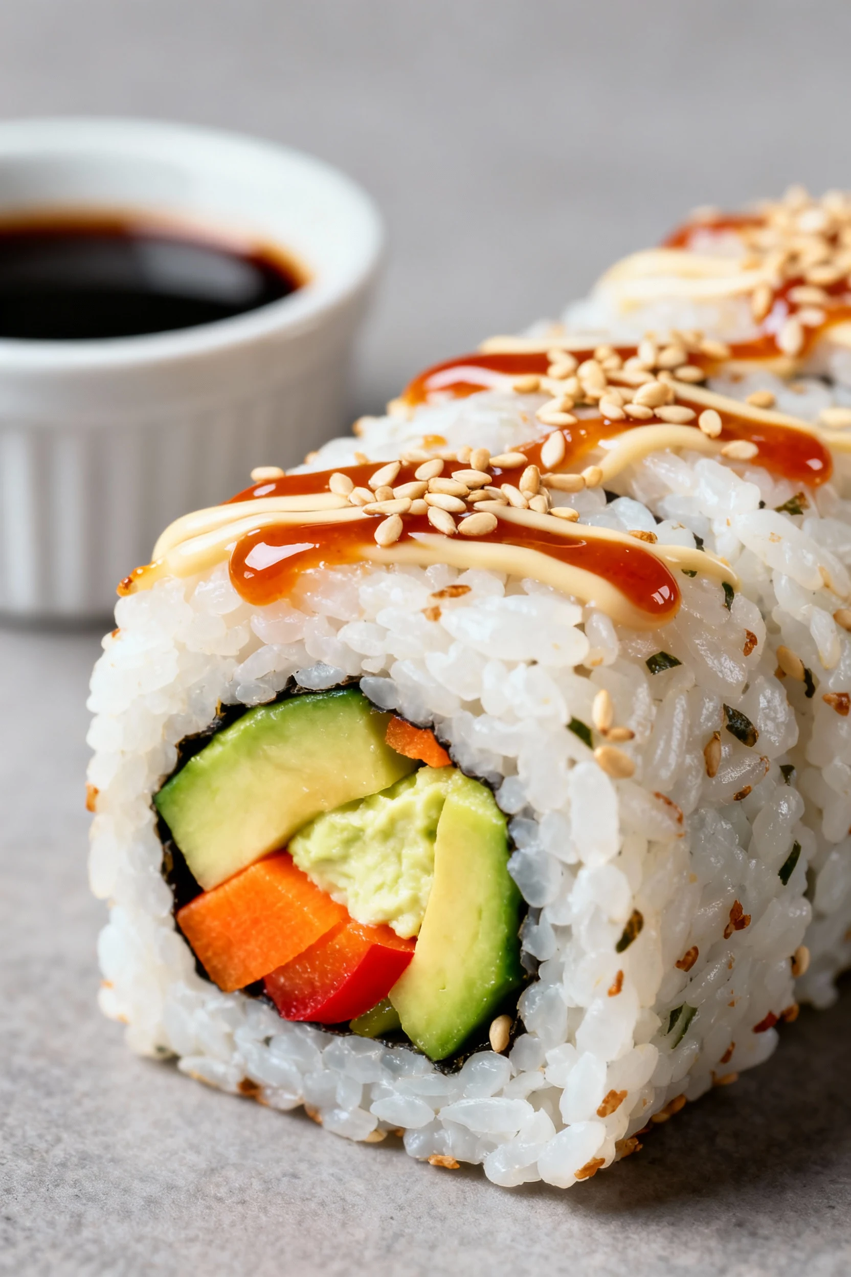 Macro close-up of Rainbow Veggie Sushi Bites after slicing: tight roll with glossy seasoned rice, crisp cucumber/carrot/