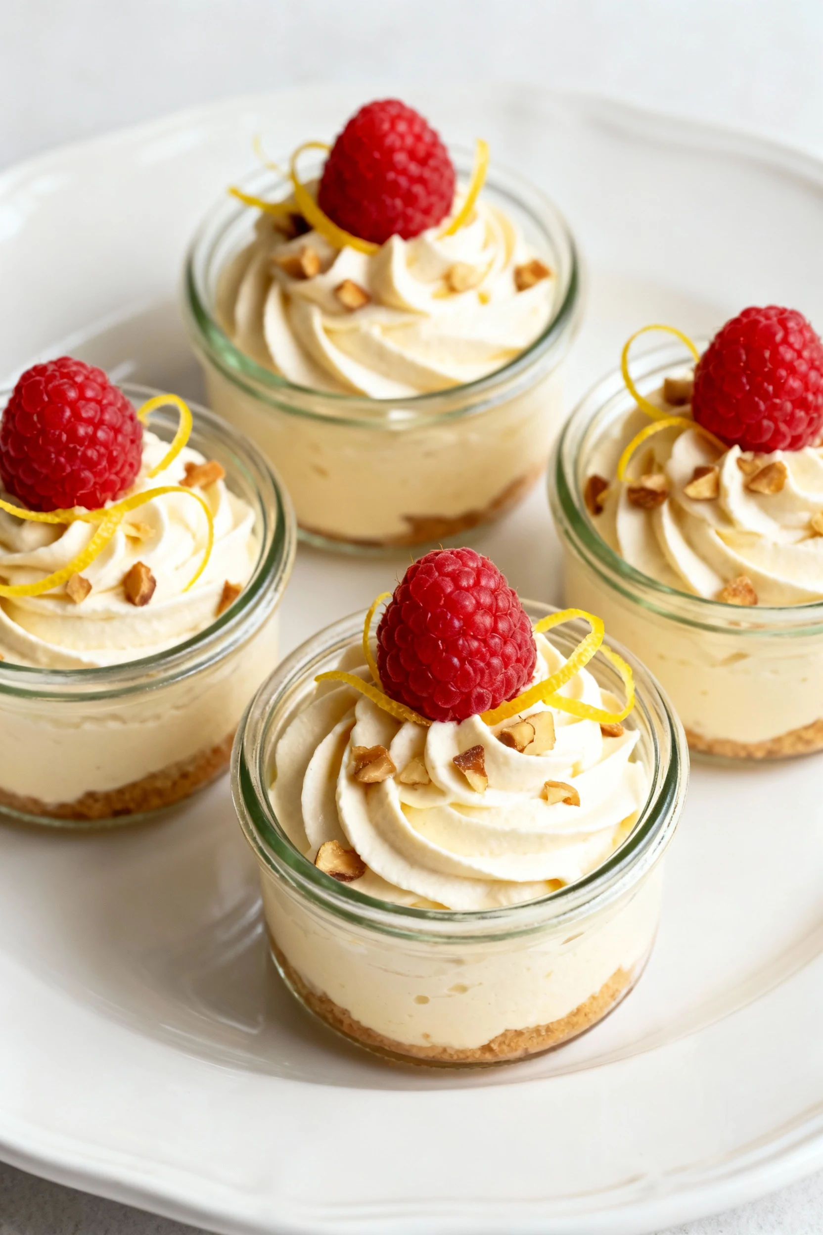Final dish: Cheesecake mousse cups piped into small glass jars with airy swirls, topped with three fresh raspberries, fi