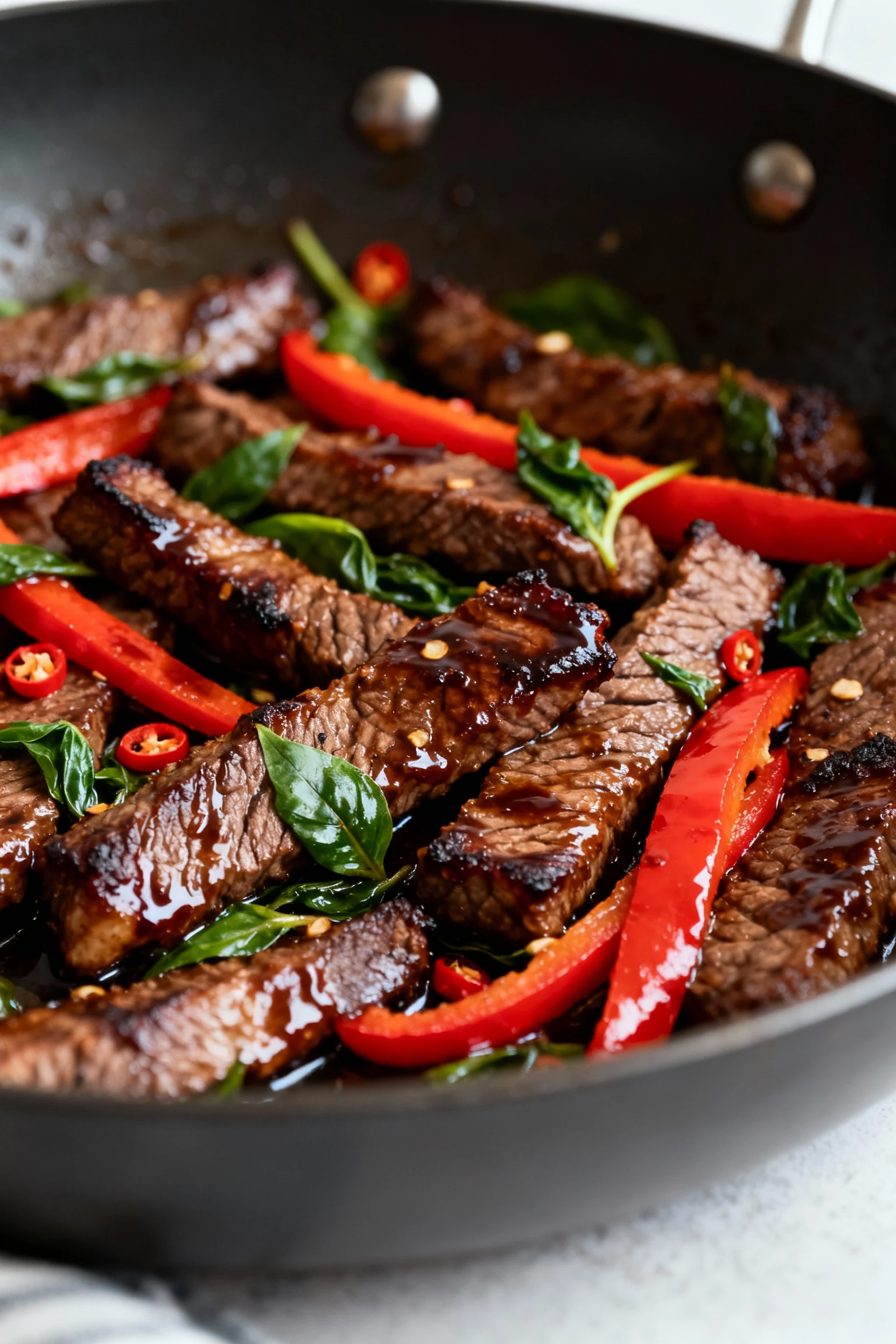 2. Close-up detail: Dark-soy–lacquered beef and Thai basil with red bell pepper strips, seared edges and clingy glaze, f