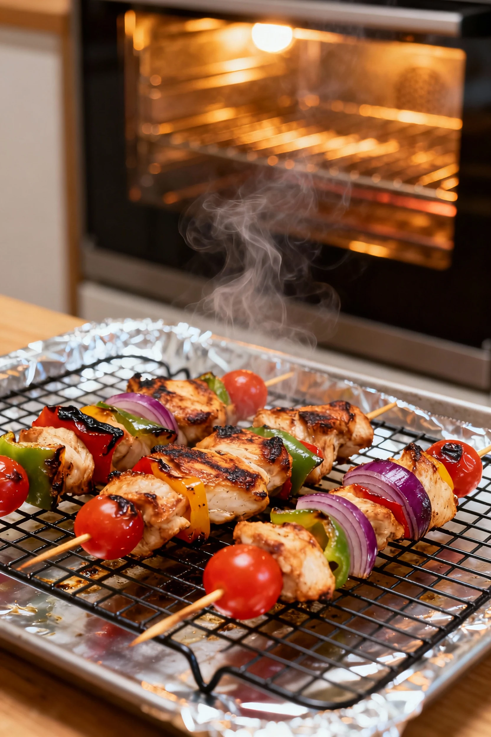 Cooking process shot: chicken, bell pepper, red onion, and cherry tomato skewers roasting on a wire rack over a foil-lin