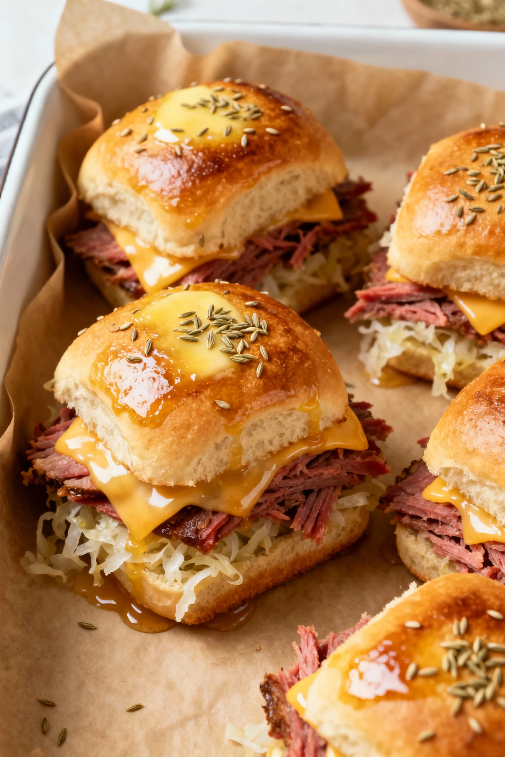 Overhead shot of Reuben-style sliders in a parchment-lined baking dish: corned beef, melted Swiss, sauerkraut, dressing 