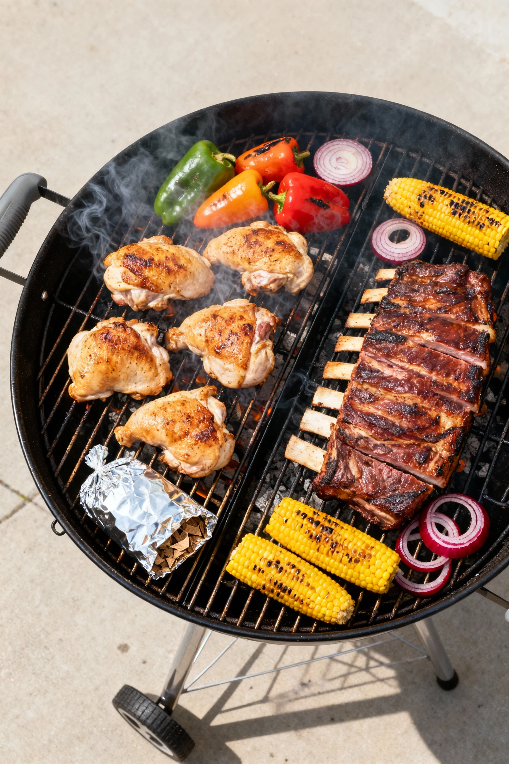 Overhead shot of a two-zone grill mid-cook: chicken thighs searing skin-side down over 425–450°F, ribs bone-side down on
