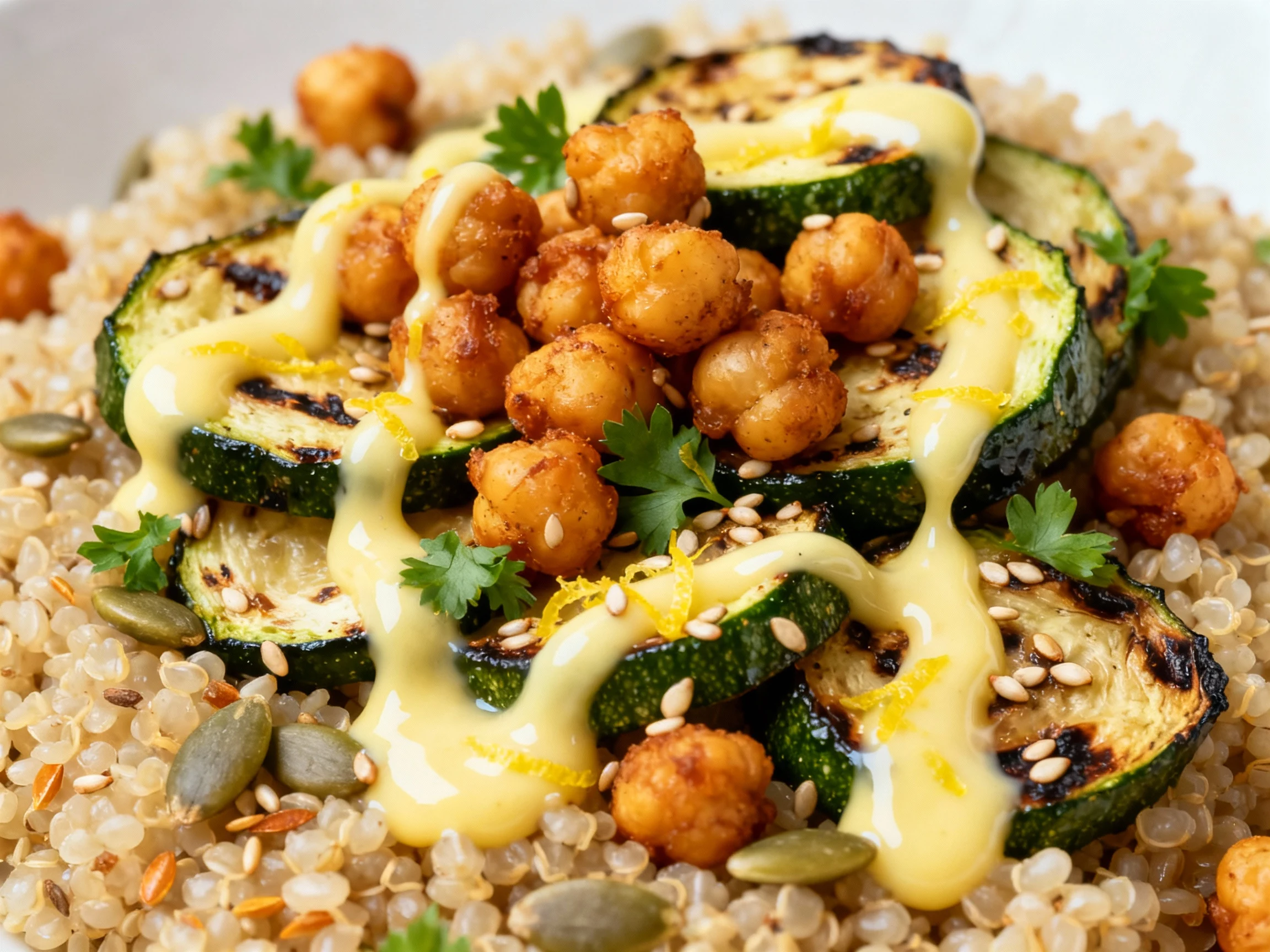 Food photography, Close-up of crispy chickpeas and charred zucchini atop warm quinoa, glossy lemon–tahini drizzle formin
