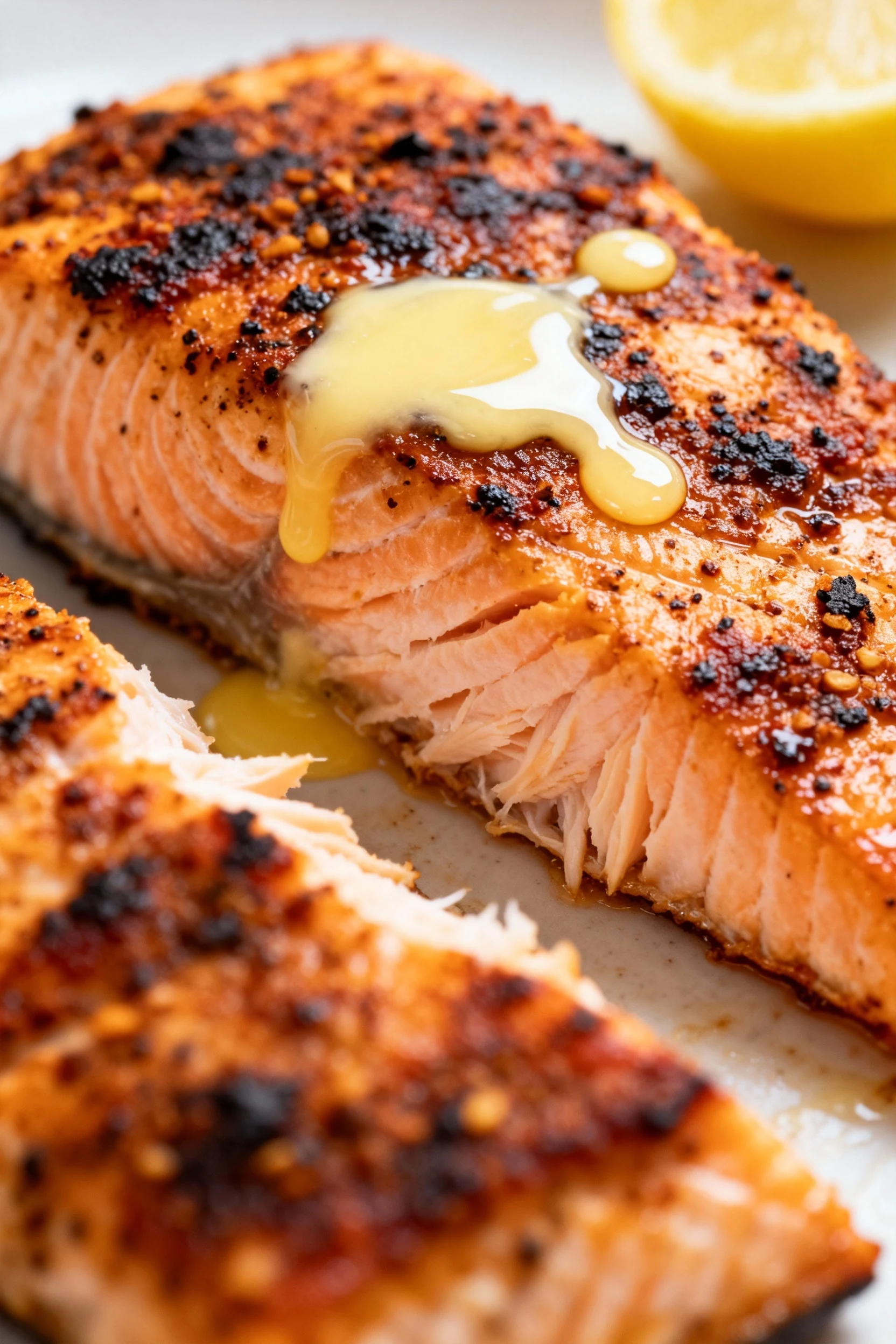 Close-up of Cajun air-fryer salmon, crisp spiced crust with charred specks, glossy melted butter and lemon droplets on t