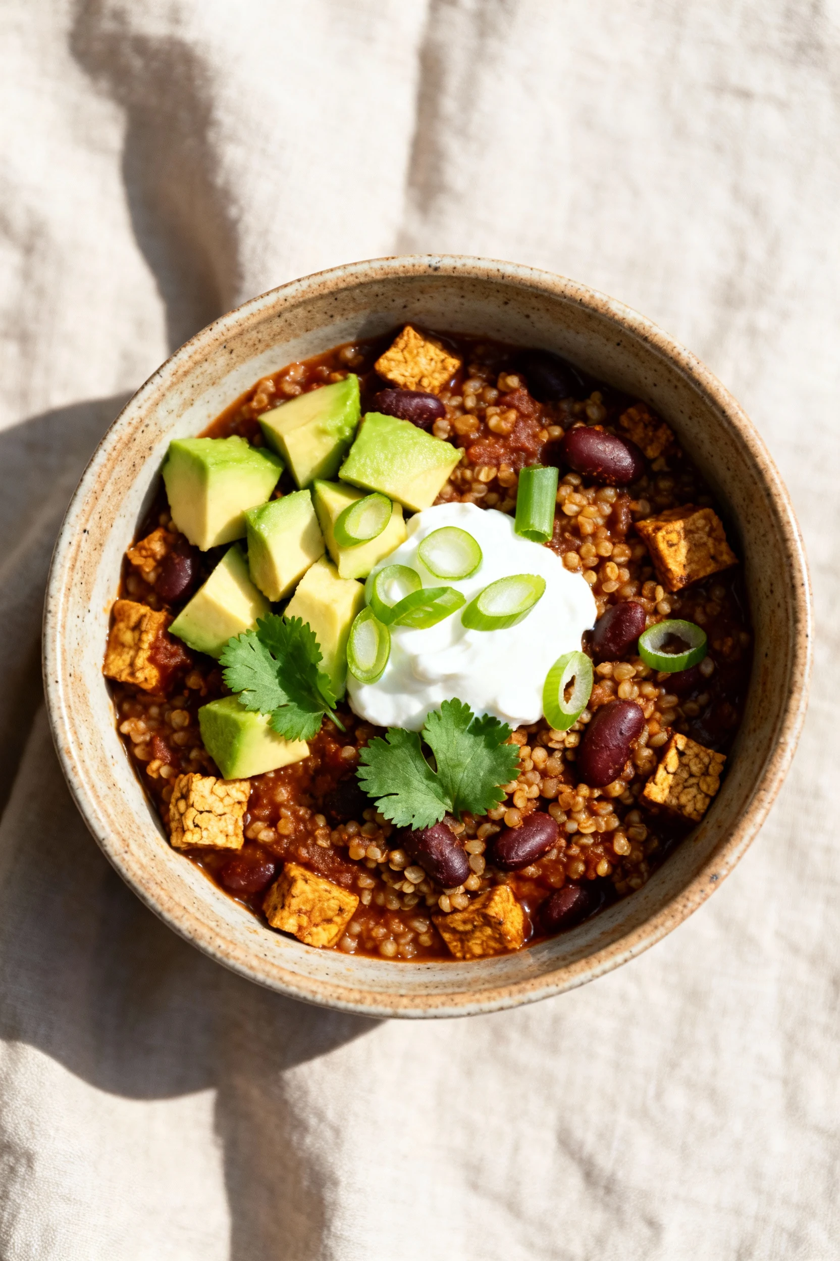 Overhead shot of a hearty bowl of smoky tempeh & bean quinoa chili topped with diced avocado, dollop of Greek yogurt, sl