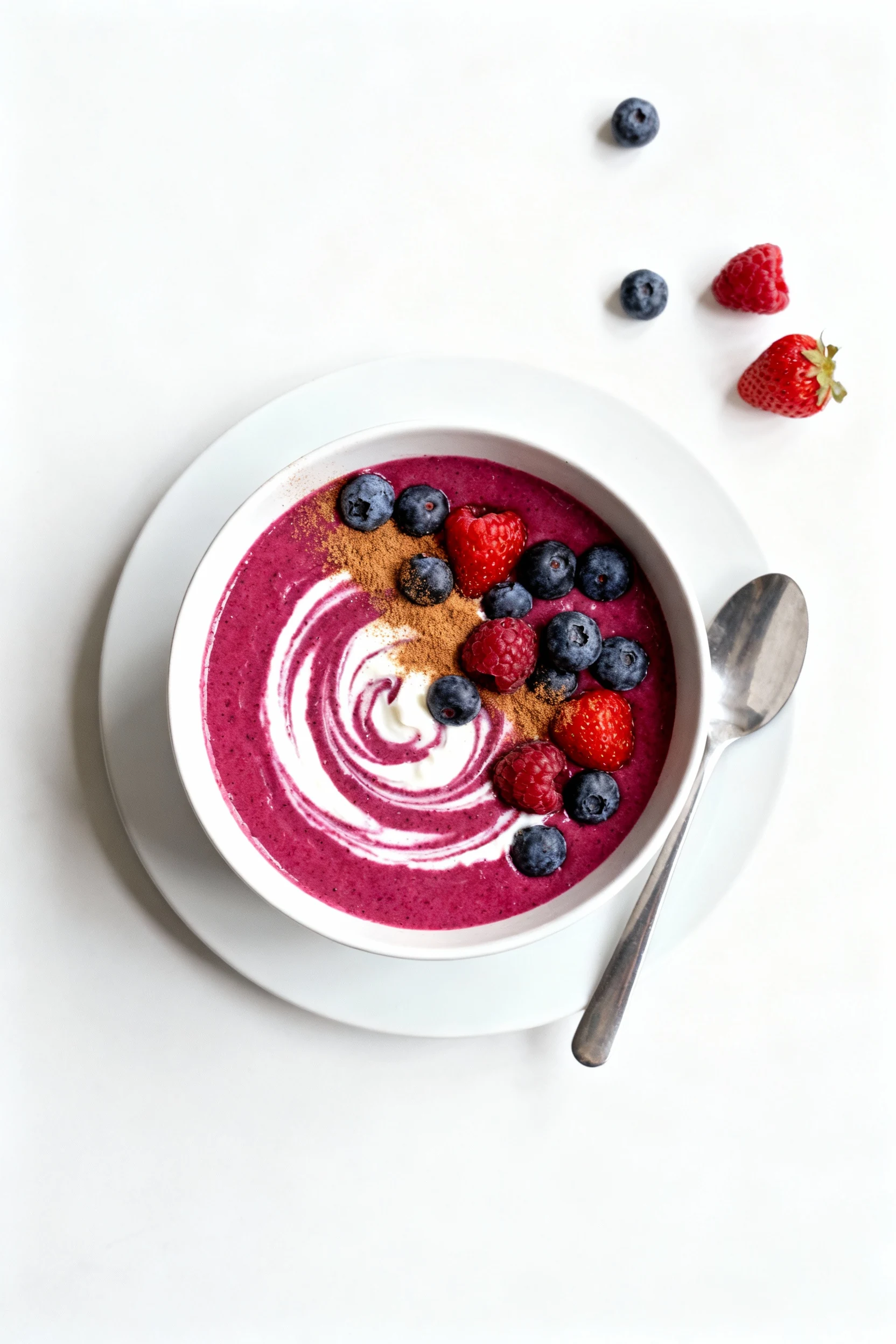 Overhead shot of Berry Protein Blast smoothie in a wide bowl, deep magenta color swirled with a drizzle of Greek yogurt,