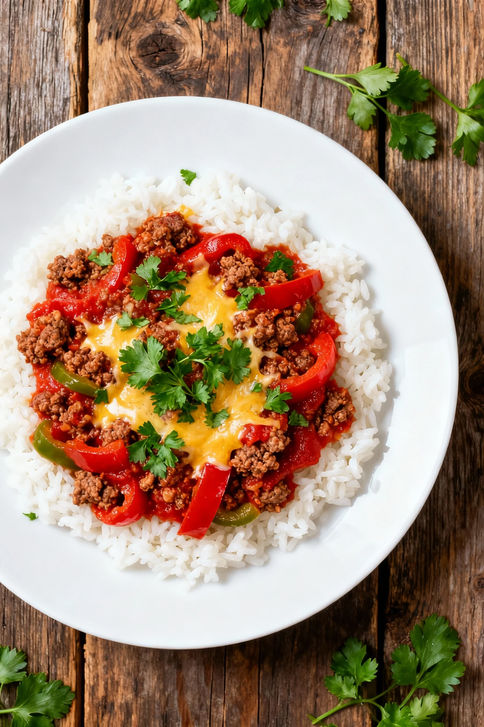 Overhead shot of final plated ground beef and bell pepper tomato-sauce dish served over fluffy white rice, vibrant red a