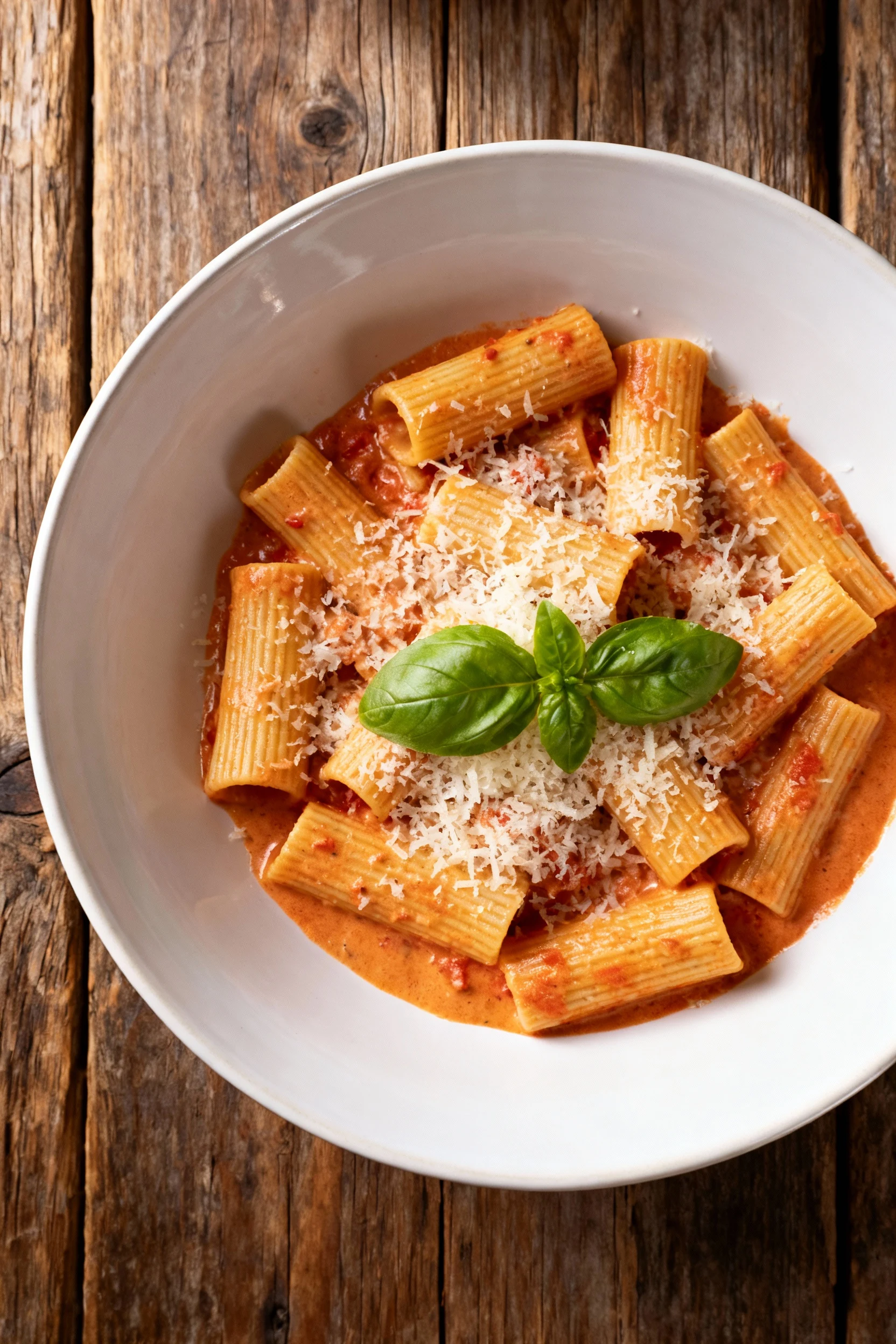 Overhead shot of rigatoni tossed in velvety tomato-cream sauce, generously sprinkled with grated Parmesan and garnished 