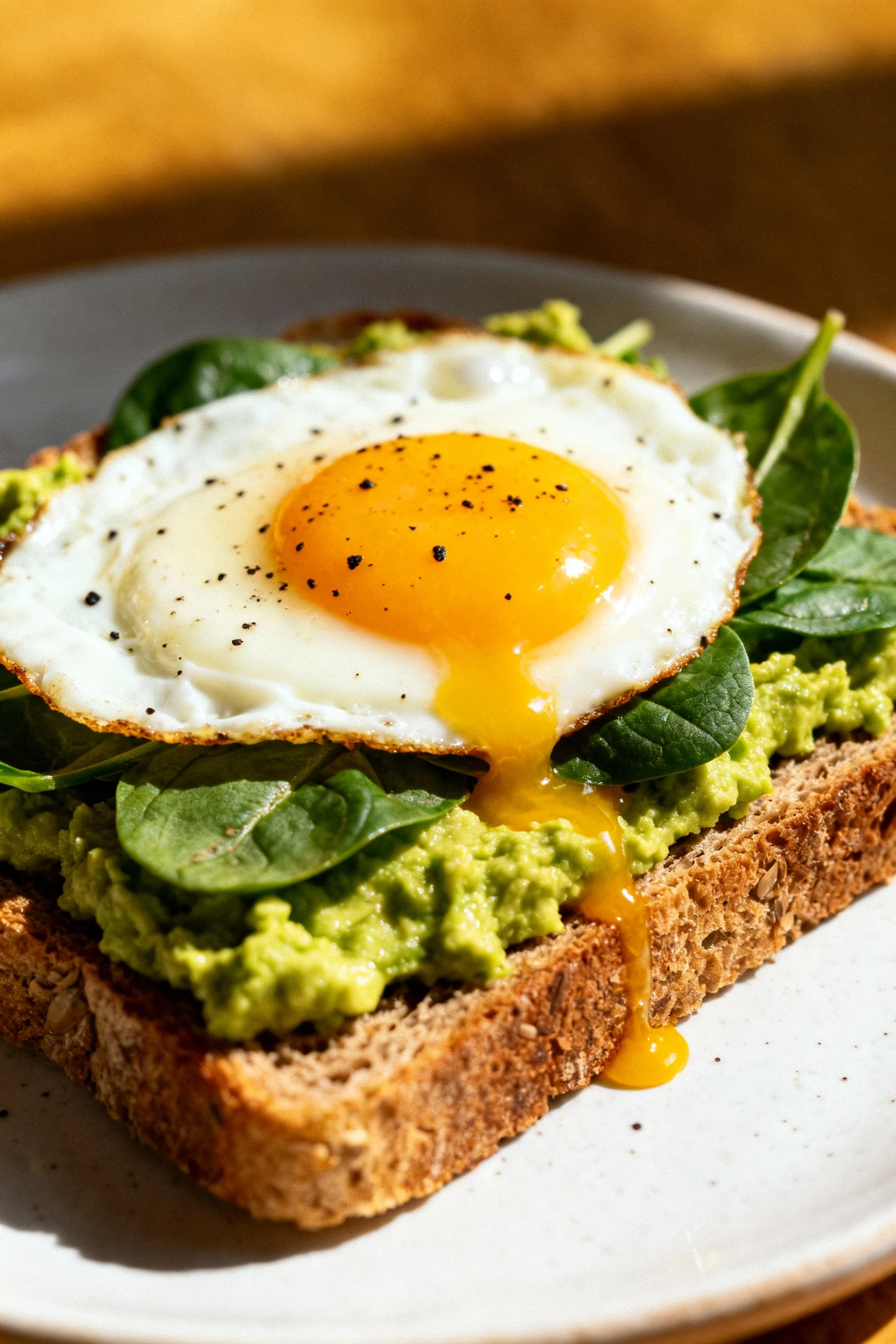 Beautifully plated avocado egg toast on rustic whole grain bread, vibrant green mashed avocado topped with a perfectly f