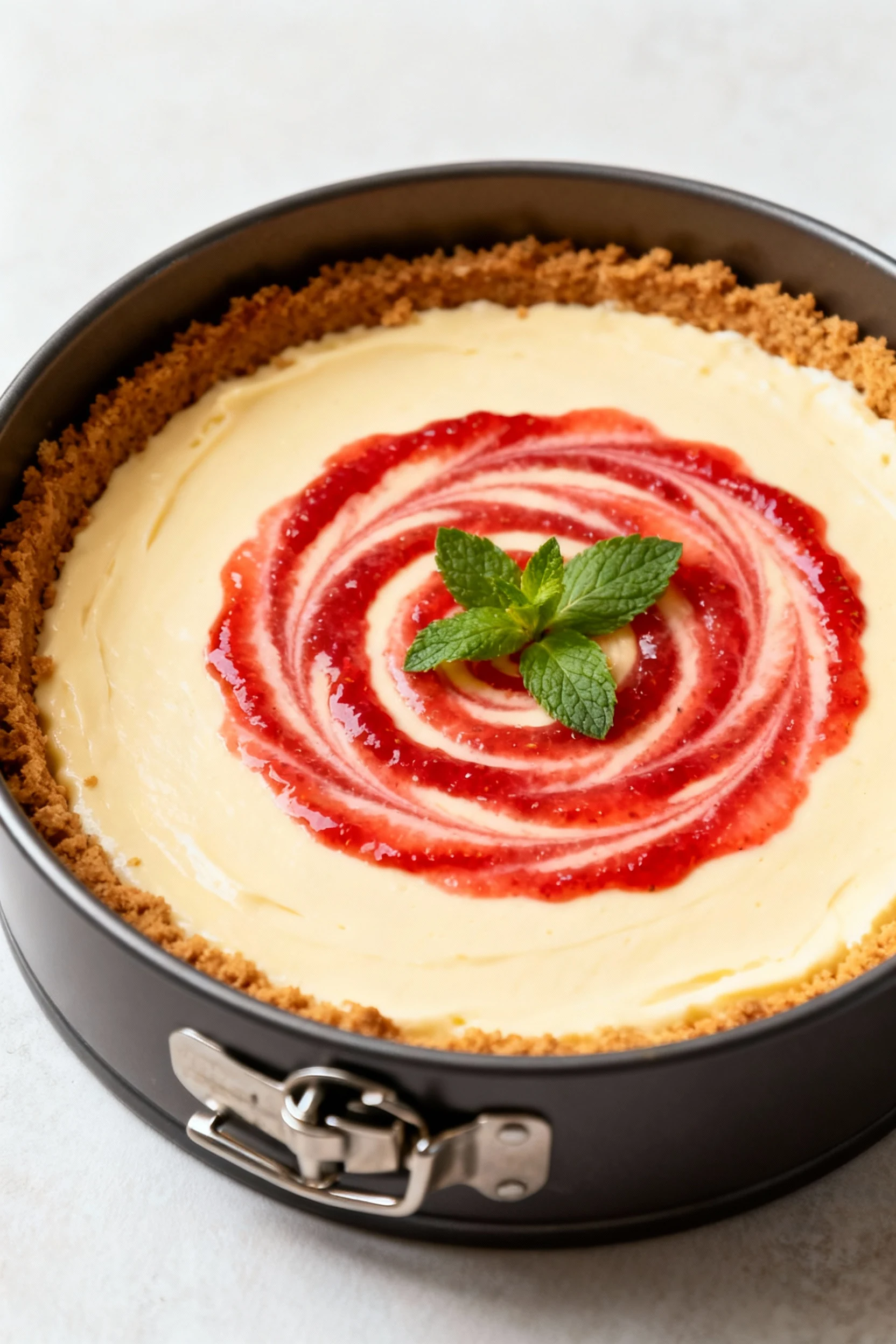 Overhead shot of a fully chilled no-bake cheesecake in a springform pan with a perfectly even graham cracker crust and v