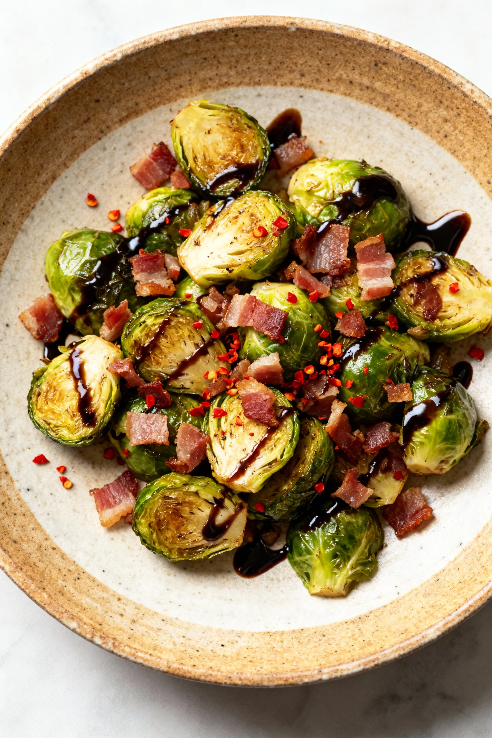 Overhead shot of a rustic ceramic plate piled with sautéed brussel sprouts and chopped bacon, drizzled with balsamic gla