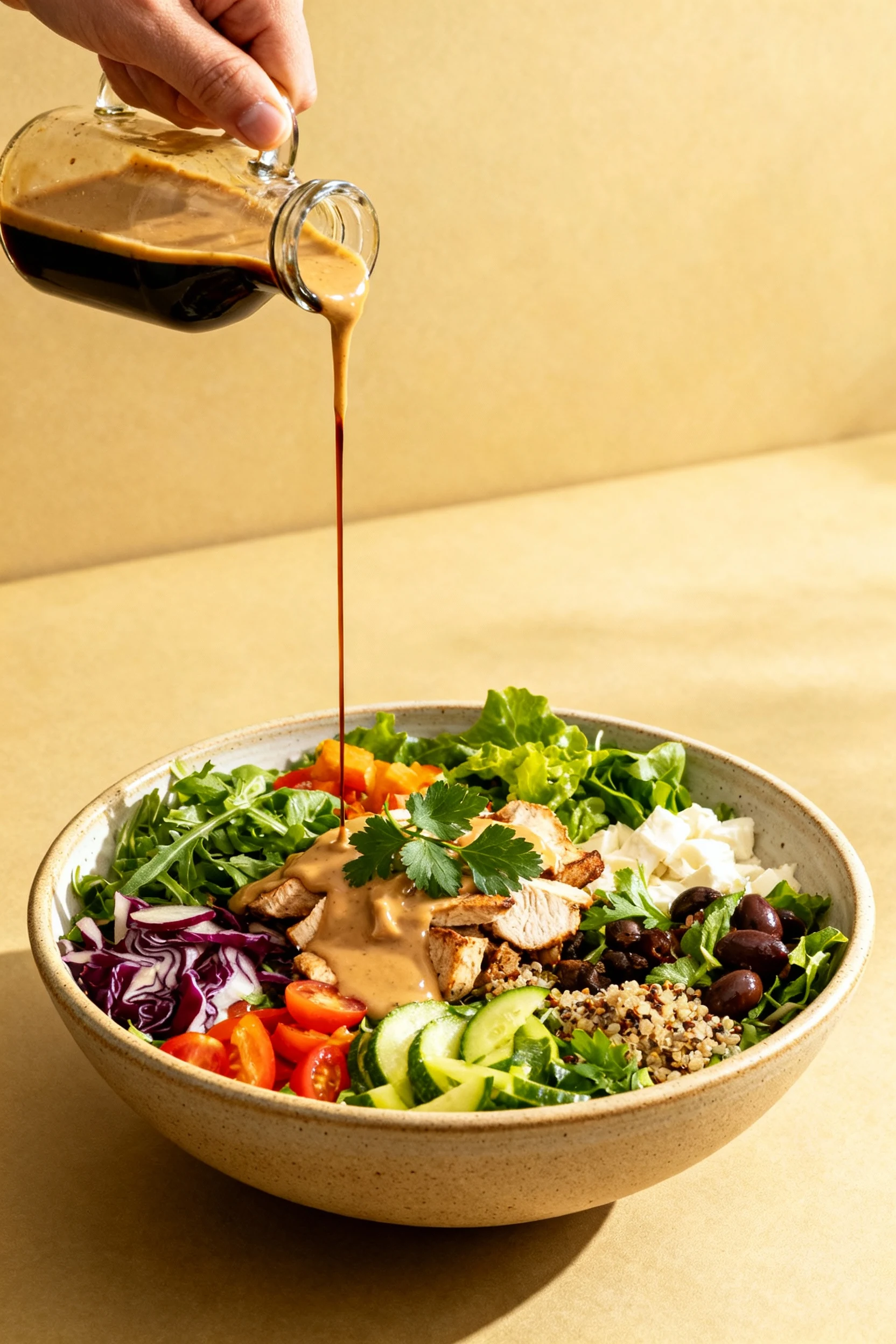Overhead view of the fully assembled salad in a large ceramic bowl, drizzled with freshly shaken balsamic-Dijon vinaigre