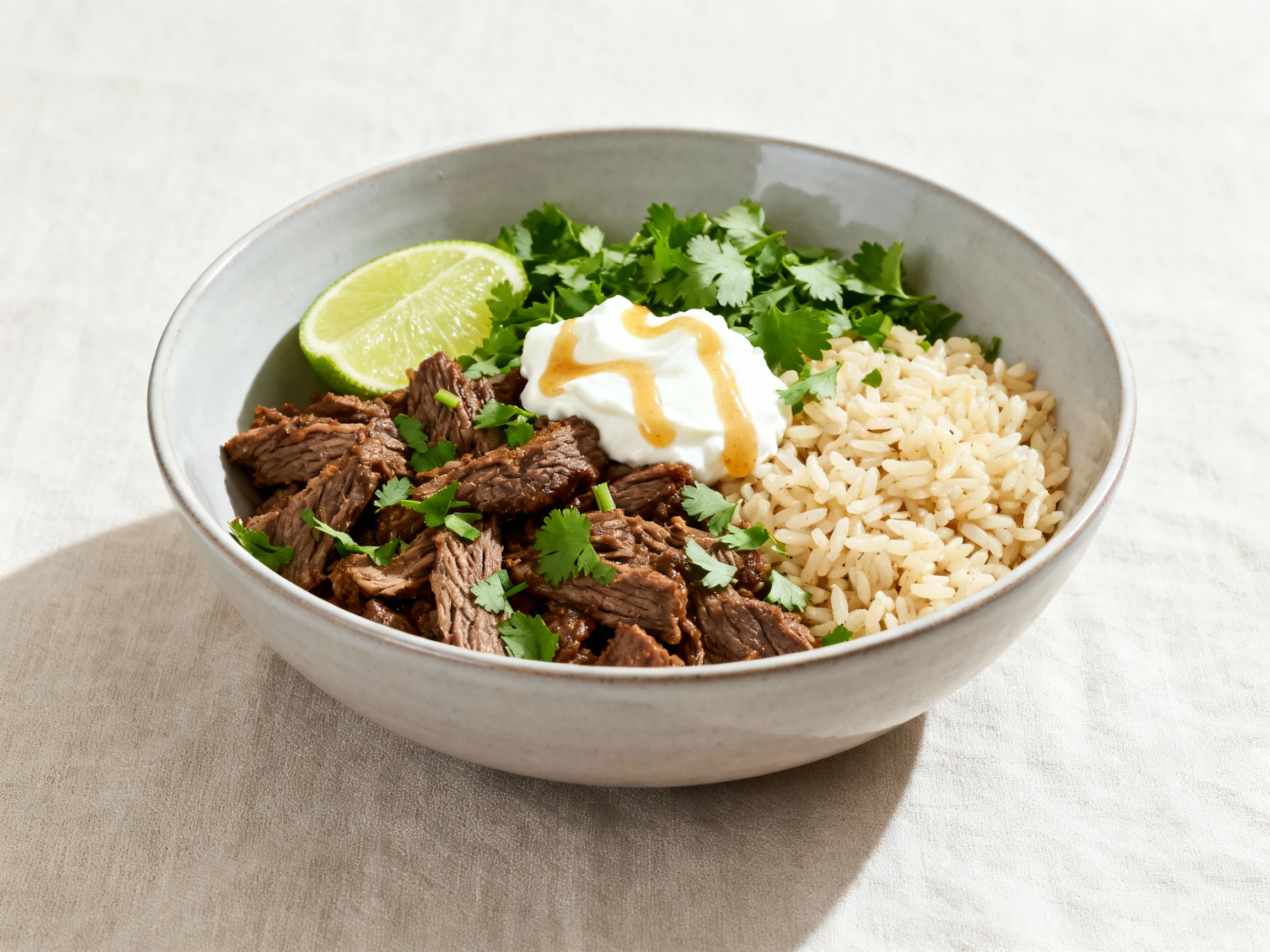 Food photography, Beautifully plated beef-and-rice bowl topped with chopped cilantro, a squeeze of lime, a dollop of sou