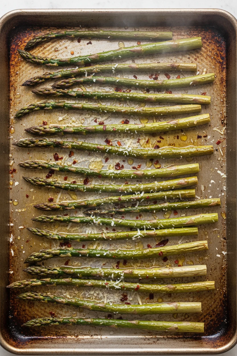 Overhead shot of baked asparagus arranged in a single layer on a rimmed baking sheet just out of the oven, sprinkled wit