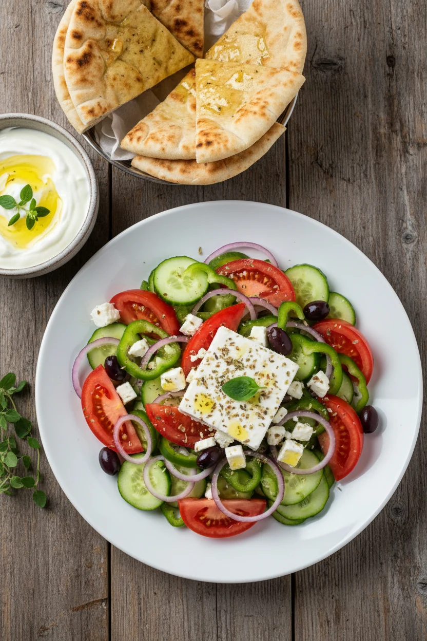 Overhead shot of the final plated Greek salad served alongside warm, golden-brown pita bread and a small bowl of creamy 
