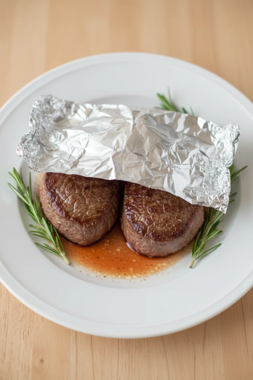 Overhead shot of two filet mignon steaks resting on a white plate, lightly tented with foil, pan juices pooling around t