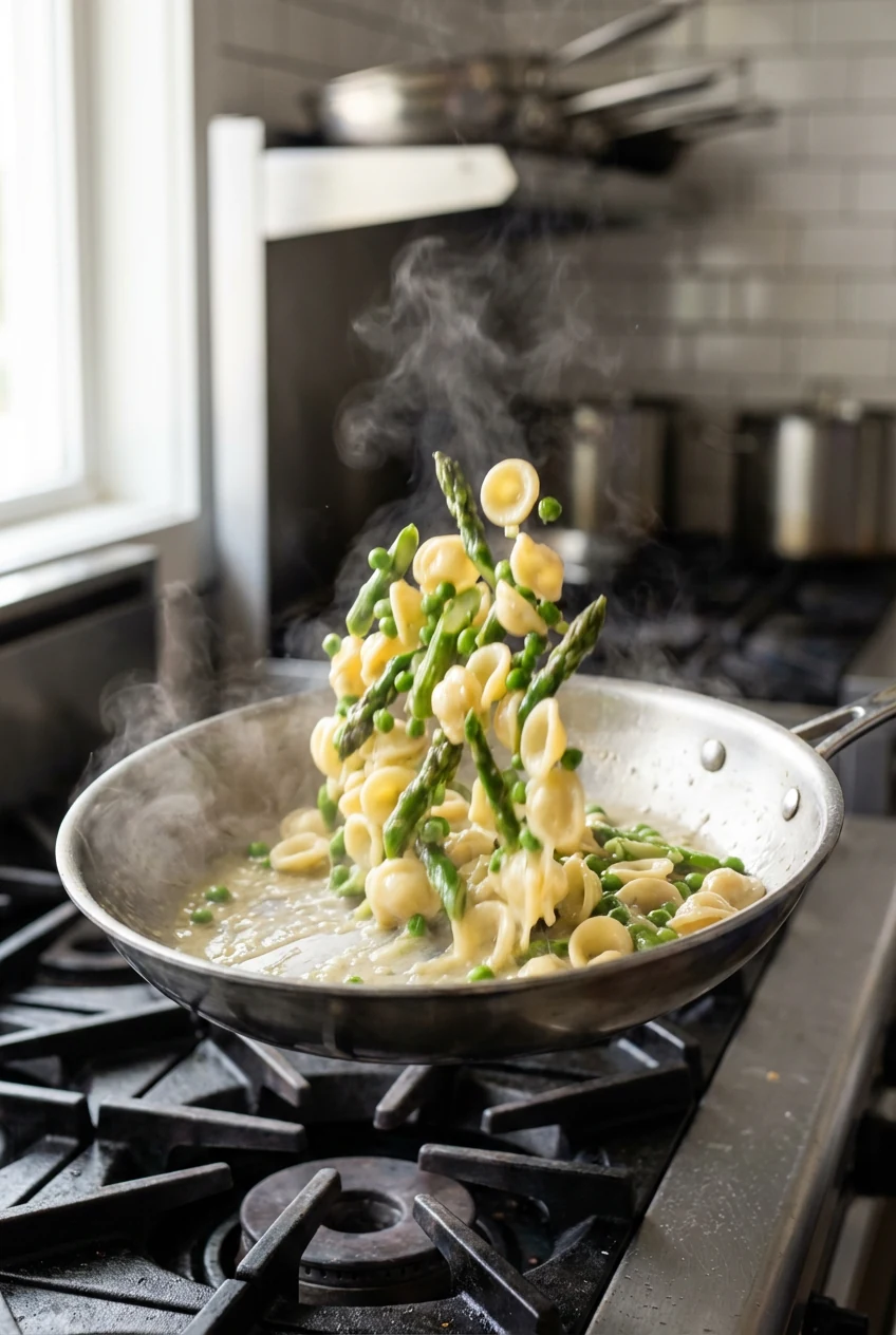 Skillet action: orecchiette, asparagus, and peas being tossed with garlic-infused olive oil and reserved pasta water, sh