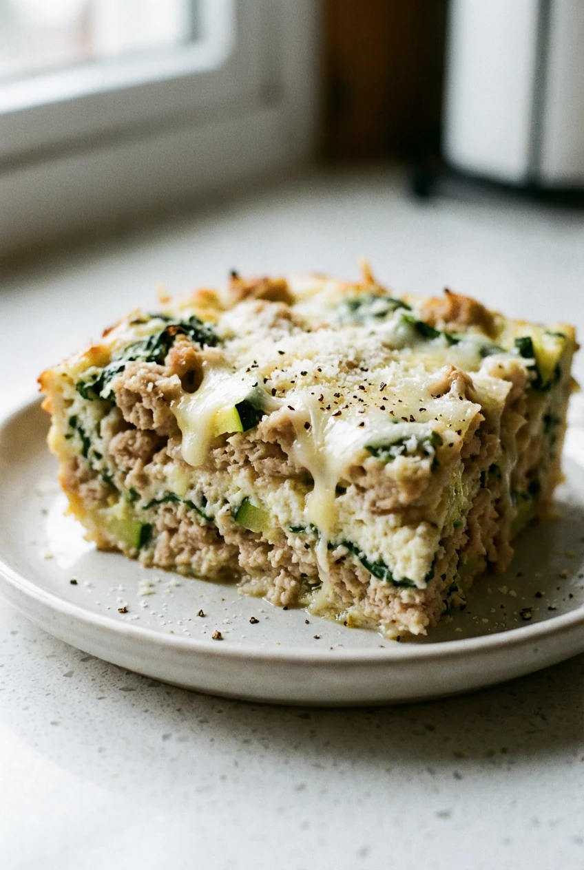 Macro close-up of a tender square of the turkey-and-ricotta bake on a small white plate, showing moist turkey crumb, cre