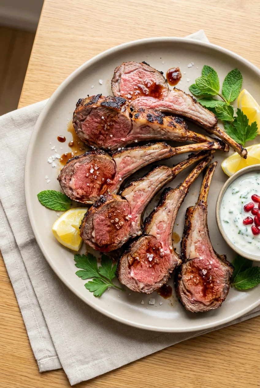 Overhead shot of roasted rack of lamb sliced into chops, rosy medium-rare centers with crisp edges; glossy pomegranate m