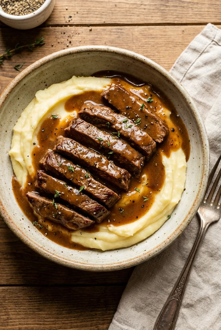 Overhead shot of smothered round steak over creamy mashed potatoes; fork-tender strips arranged neatly, glossy gravy poo