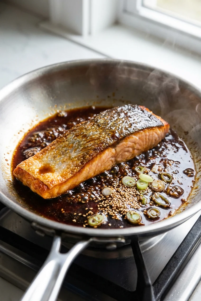 Cooking process: Teriyaki-glazed salmon being pan-seared skin-side down in a stainless skillet, crisp golden edges with 
