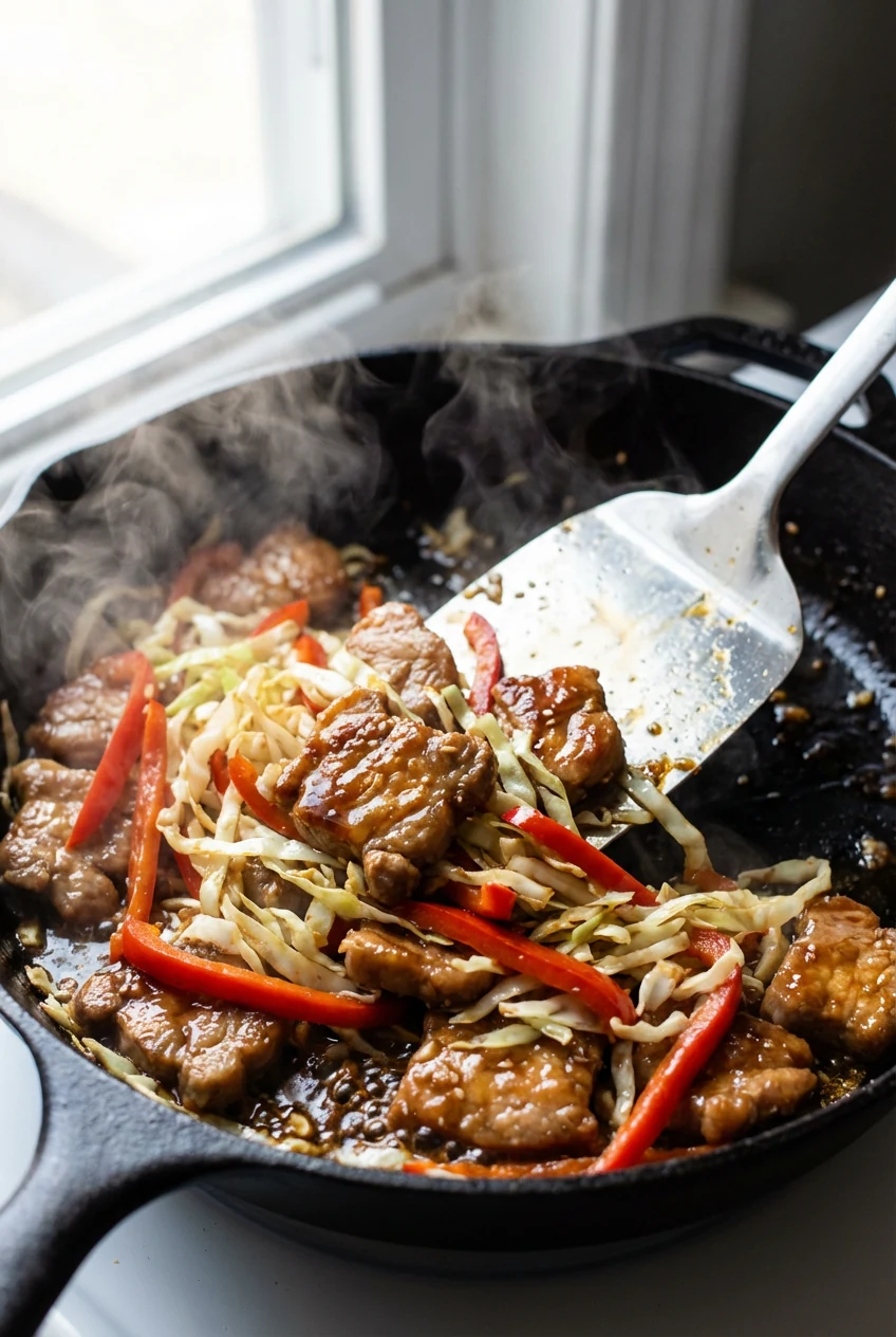 2. Cooking process: glossy soy–hoisin glaze bubbling and clinging to ginger-garlic pork with shredded cabbage and bell p