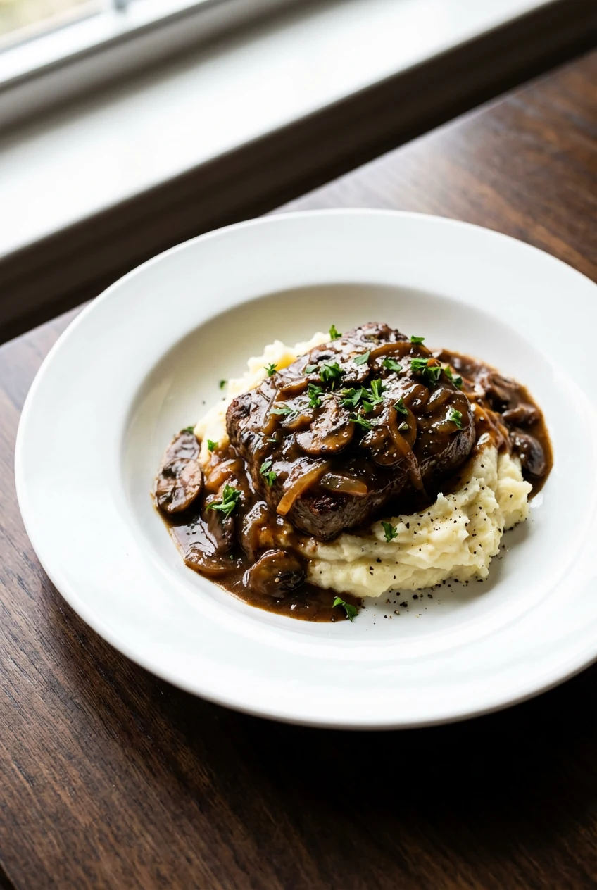Beautifully plated cube steak smothered in silky mushroom-onion gravy over fluffy mashed potatoes, glossy mahogany sauce