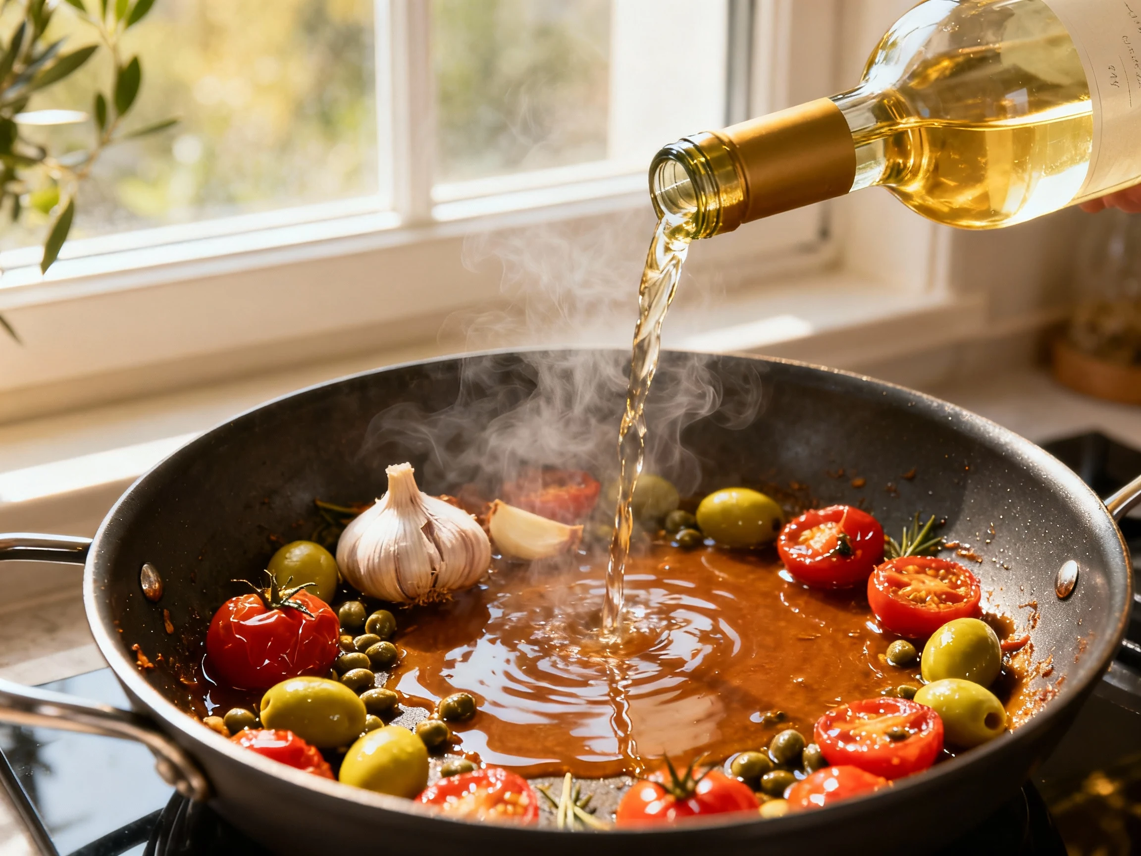 Food photography, Deglaze moment: white wine just added to sautéed garlic, burst cherry tomatoes, capers, and Castelvetr