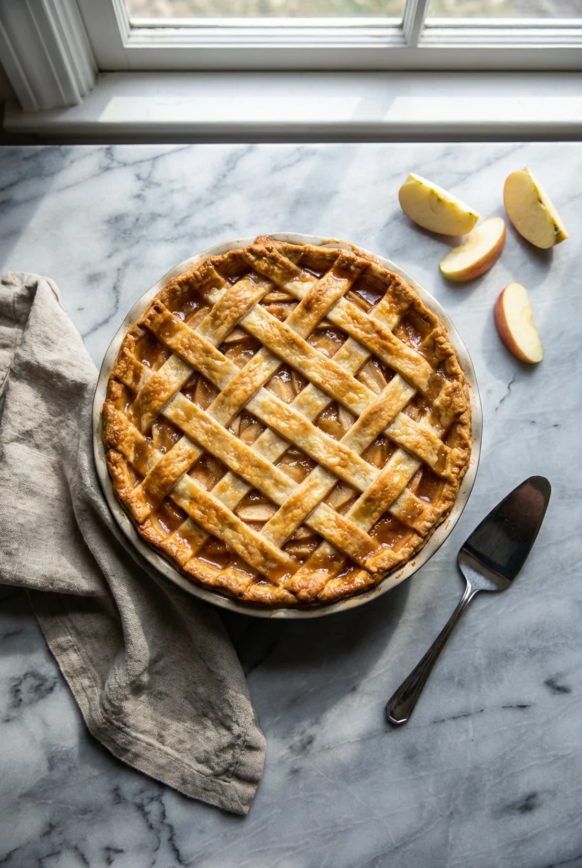 Overhead shot of a deep‑dish 9‑inch lattice apple pie just out of the oven: glossy juices bubbling through vents, neatly
