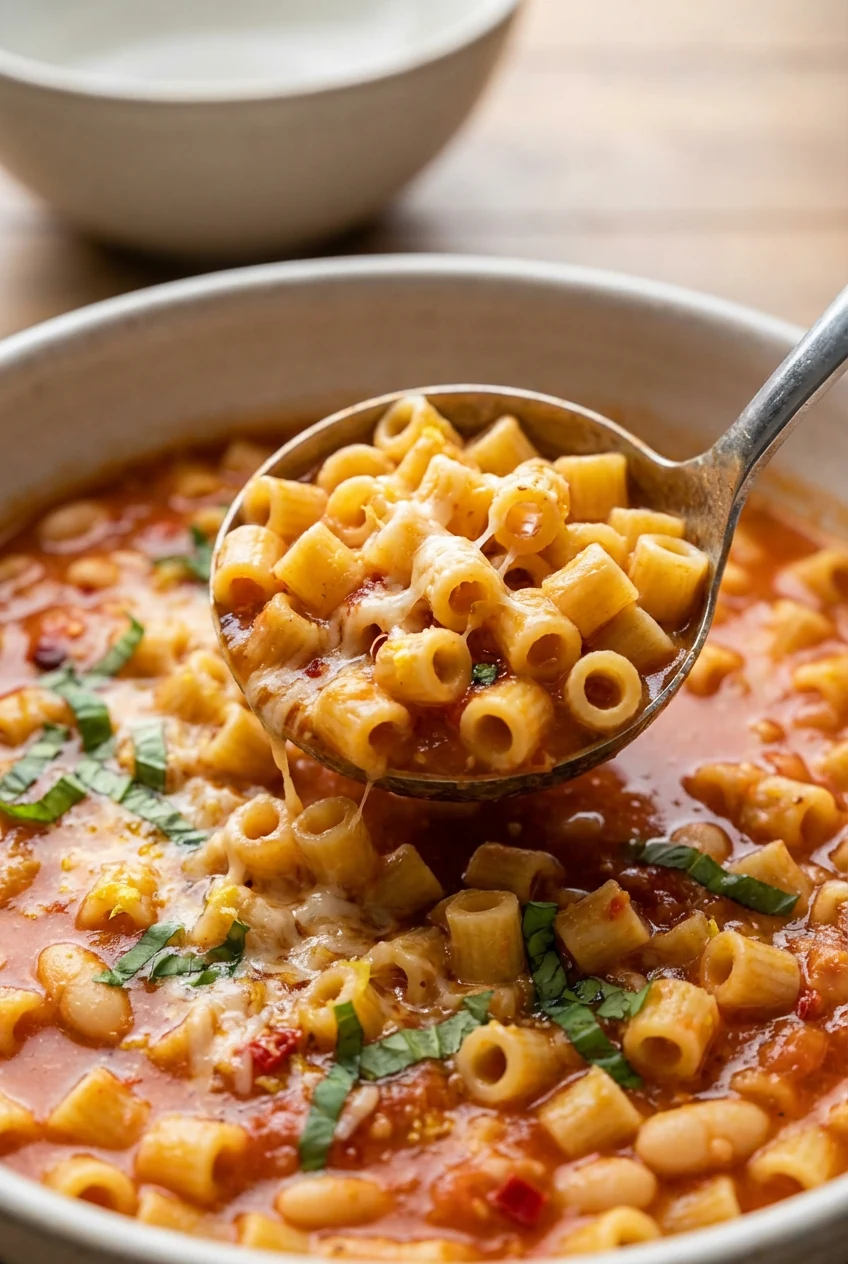 Close-up ladle lifting glossy ditalini in brothy tomato sauce—tubes filled with melted Parmesan, cannellini, flecks of r