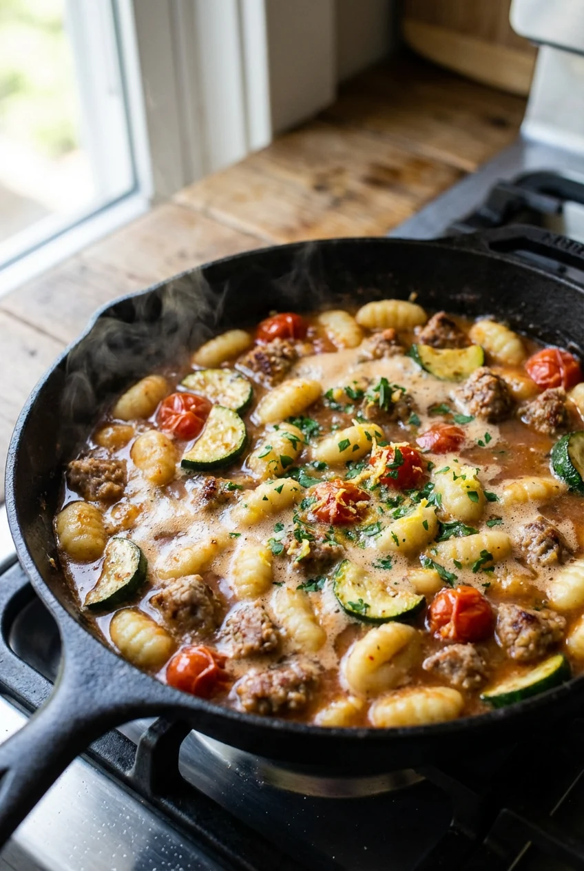 Cooking process: gnocchi one-pot variation simmering in-skillet with seared sausage, tender-crisp zucchini, and blistere