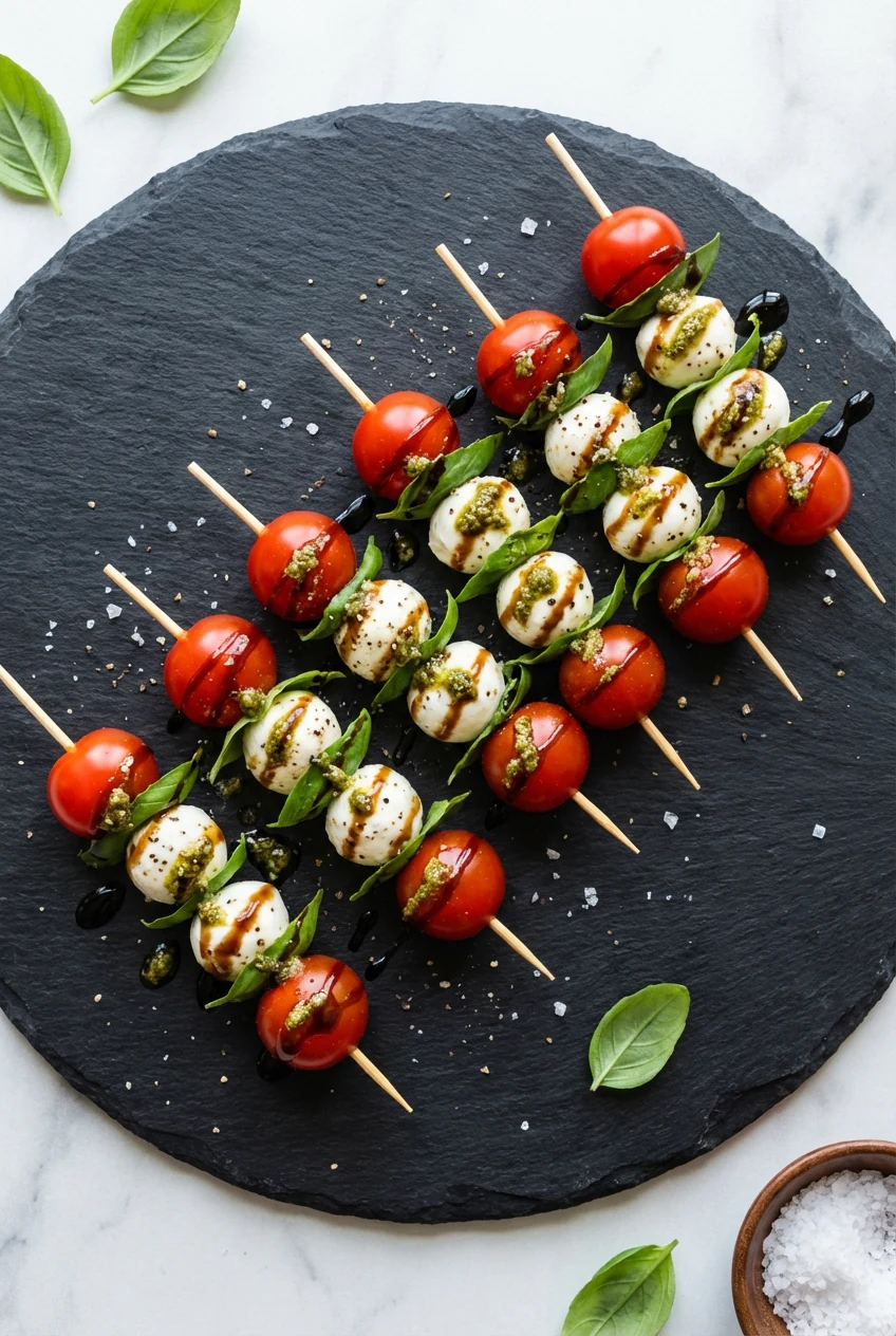 2. Overhead shot: Caprese skewers on a matte slate platter—cherry tomatoes, mini mozzarella, fresh basil—finished with a