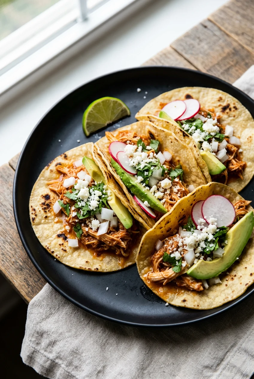 2. Beautifully plated street-size chicken tinga tacos on a matte black plate: saucy tinga, diced white onion, chopped ci