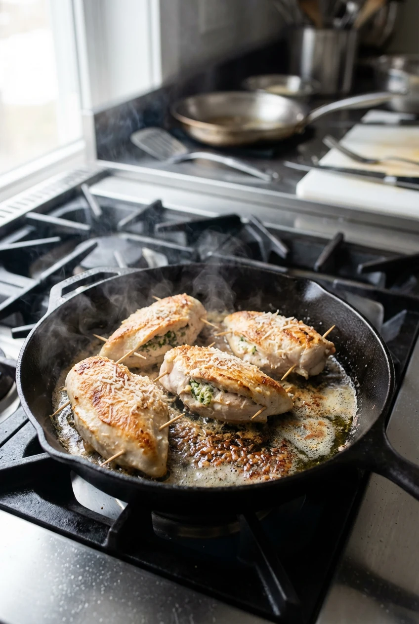 Cooking process: stuffed chicken breasts searing in an oven-safe skillet with butter and olive oil, toothpicks securing 