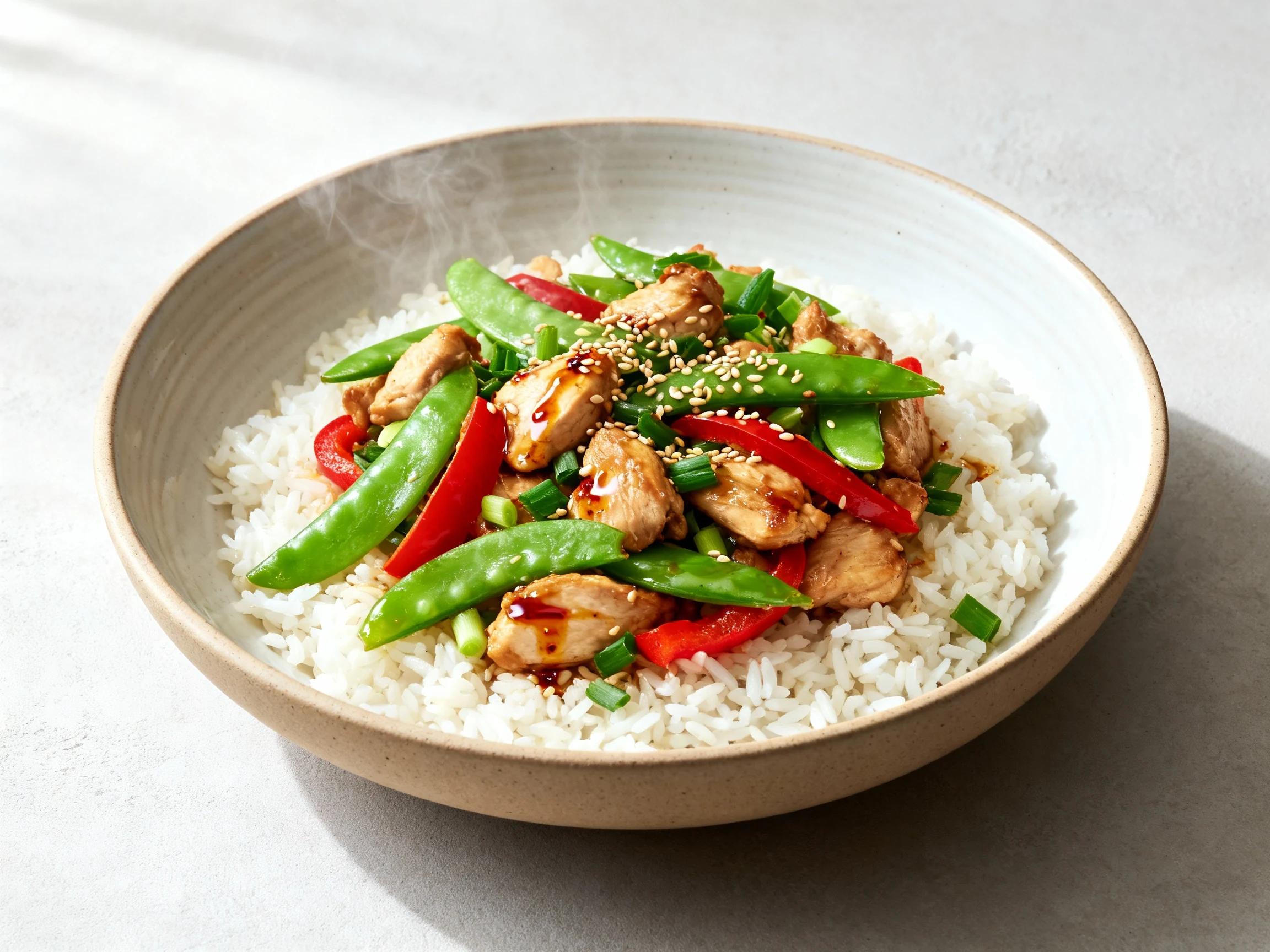 Food photography, Beautifully plated Ginger-Garlic Chicken Stir-Fry over hot rice in a wide ceramic bowl: bright green s