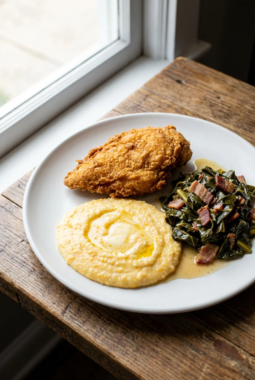 Restaurant-quality plate: crispy buttermilk fried chicken, creamy sharp cheddar stone-ground grits with butter swirls, a