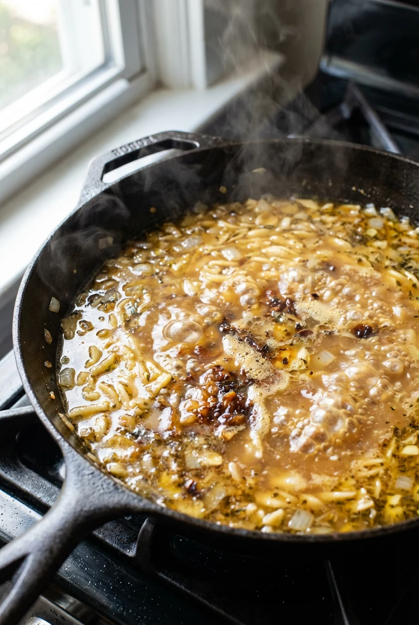 Cooking process shot of deglazing: orzo and aromatics simmering in chicken broth as bubbles lift browned fond from the p