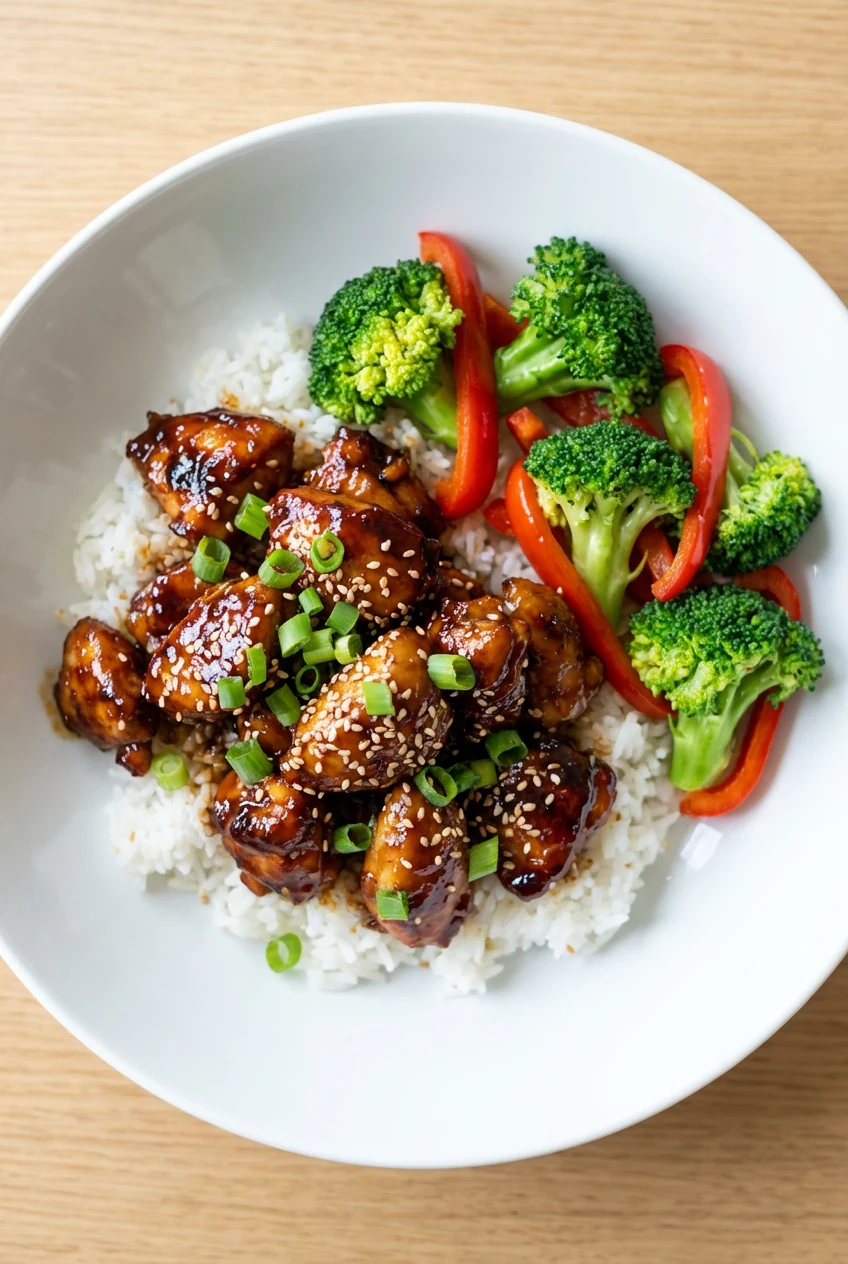 Overhead shot of glossy sticky-salty-sweet chicken over steamed jasmine rice, sprinkled with scallions and sesame seeds,