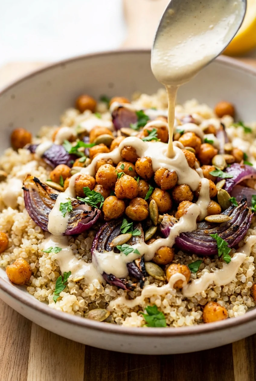 Close-up of crispy roasted chickpeas and charred red onion atop fluffy quinoa, lemon-tahini dressing mid-drizzle forming