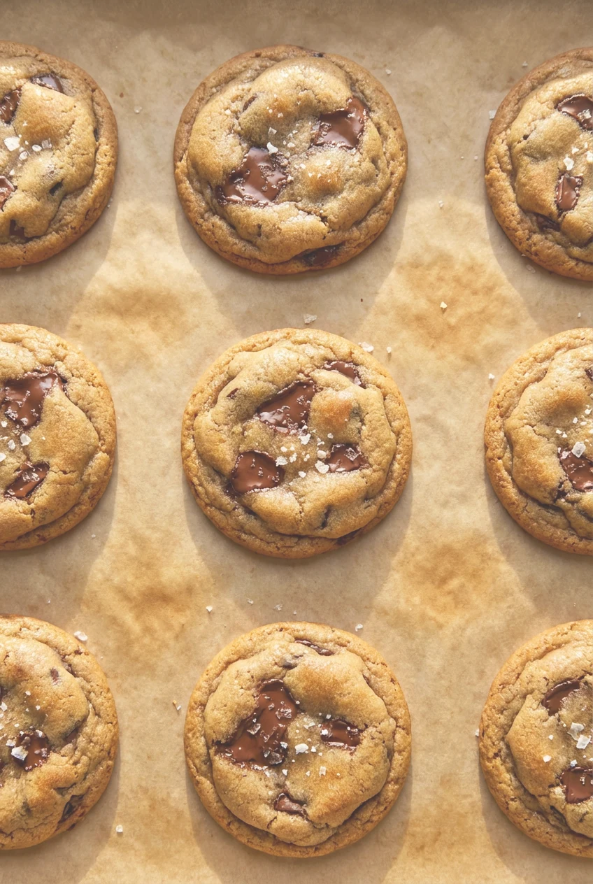 Overhead shot of a parchment-lined baking sheet just out of the oven: evenly spaced medium cookies with set edges and sl