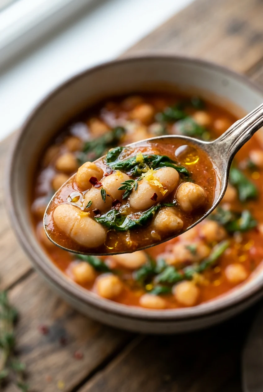 Close-up detail: spoonful of creamy cannellini and chickpeas coated in smoky tomato broth with ribbons of spinach, fleck